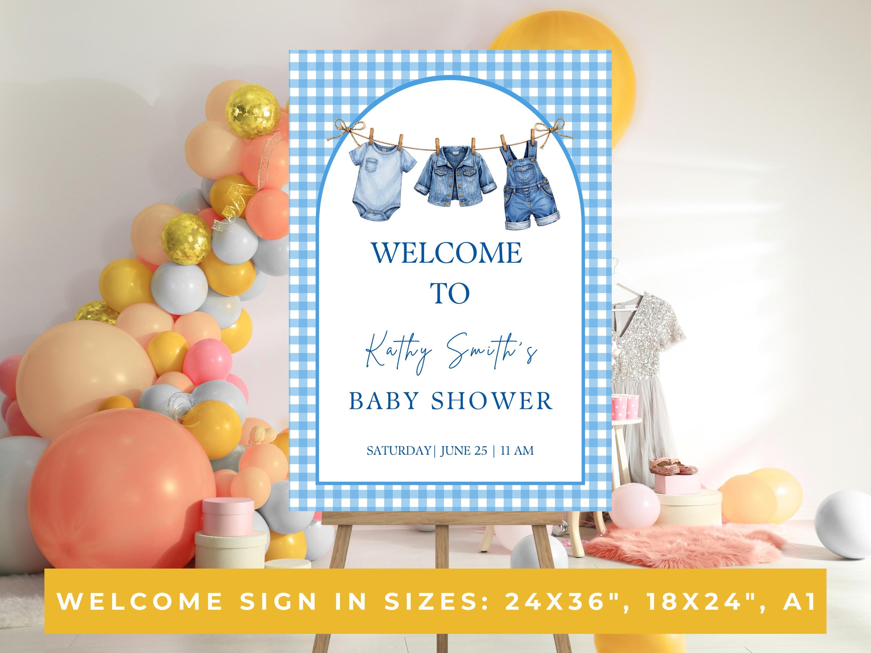 Blue Gingham Baby Shower Welcome Sign thumbnail 2