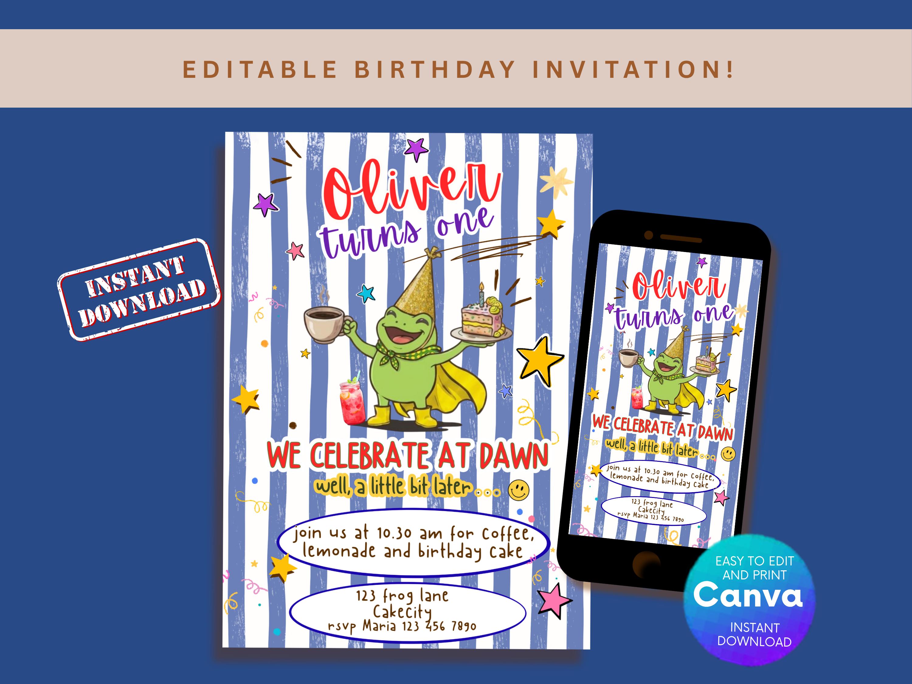 Frog Birthday Invitation — Blue — editable Canva template
