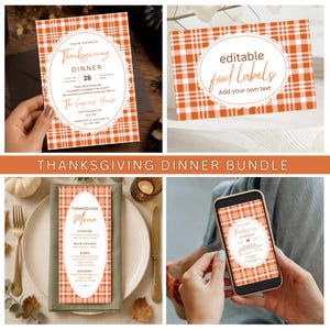 May include: A Thanksgiving dinner bundle featuring orange and white plaid stationery. The set includes an invitation, editable food labels, and a menu, all decorated with a white scalloped oval frame and elegant brown text for event details.