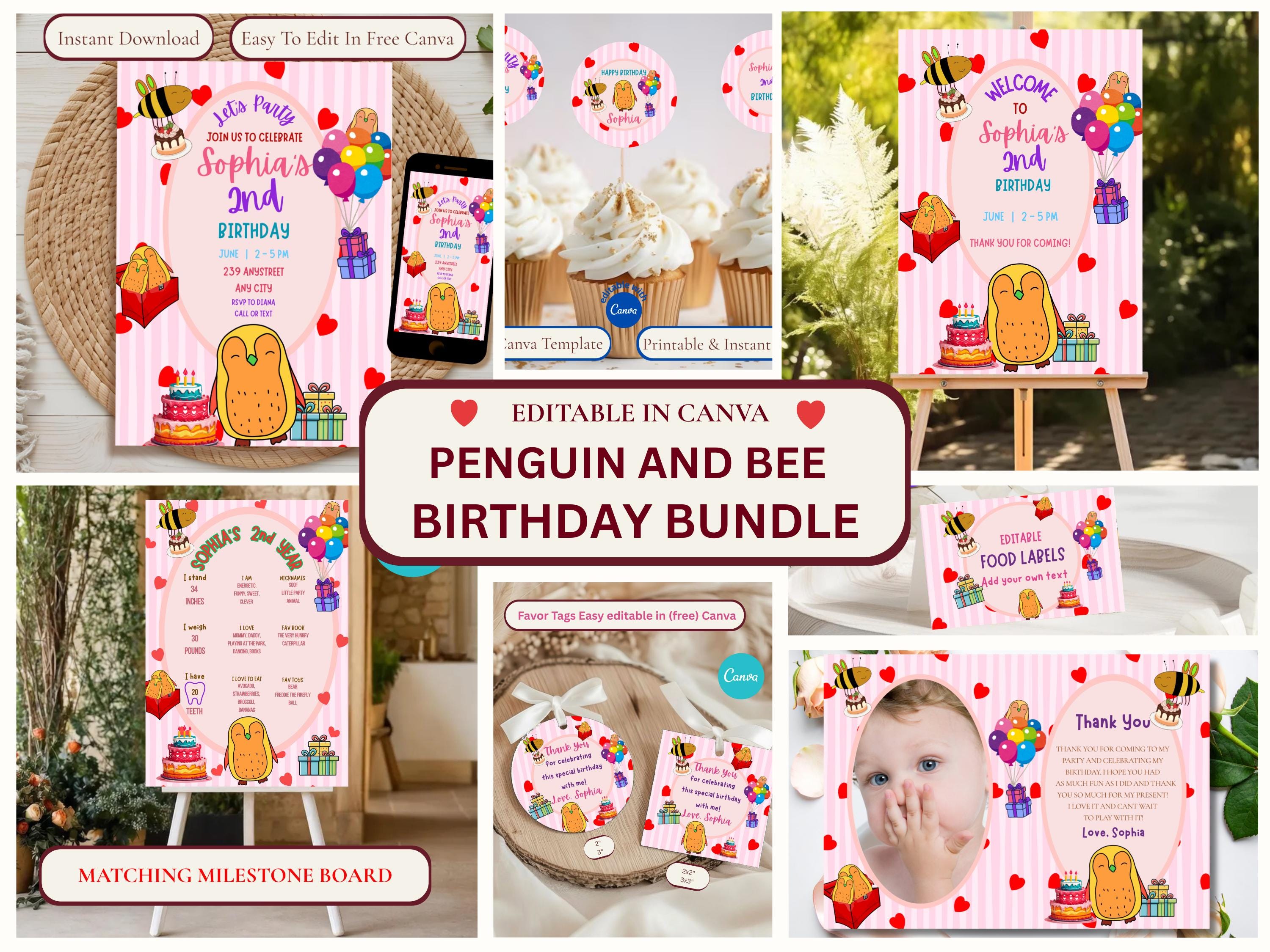 Penguin Birthday Party Bundle — editable Canva template