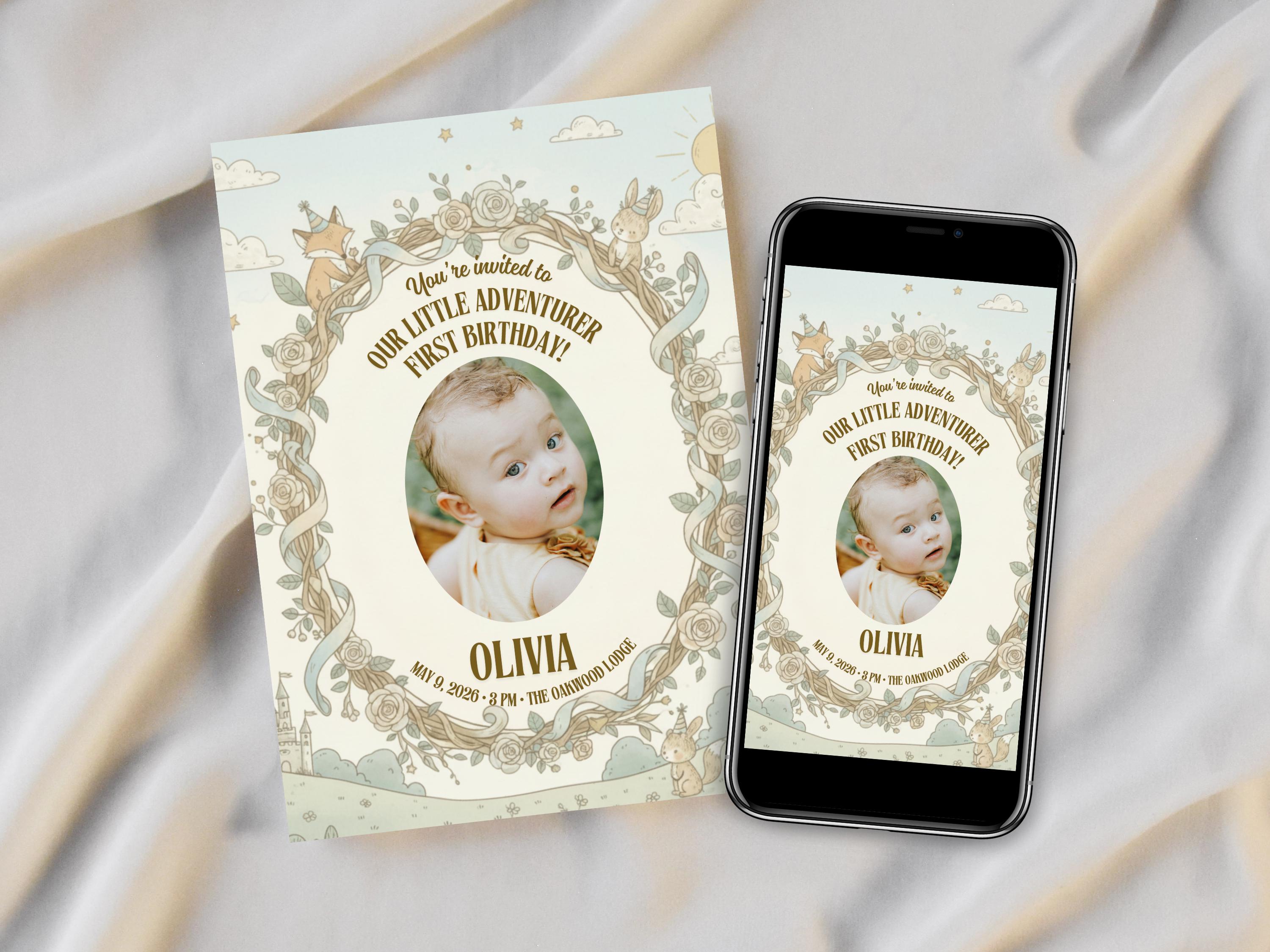 Whimsical Fairy First Birthday Invitation — editable Canva template