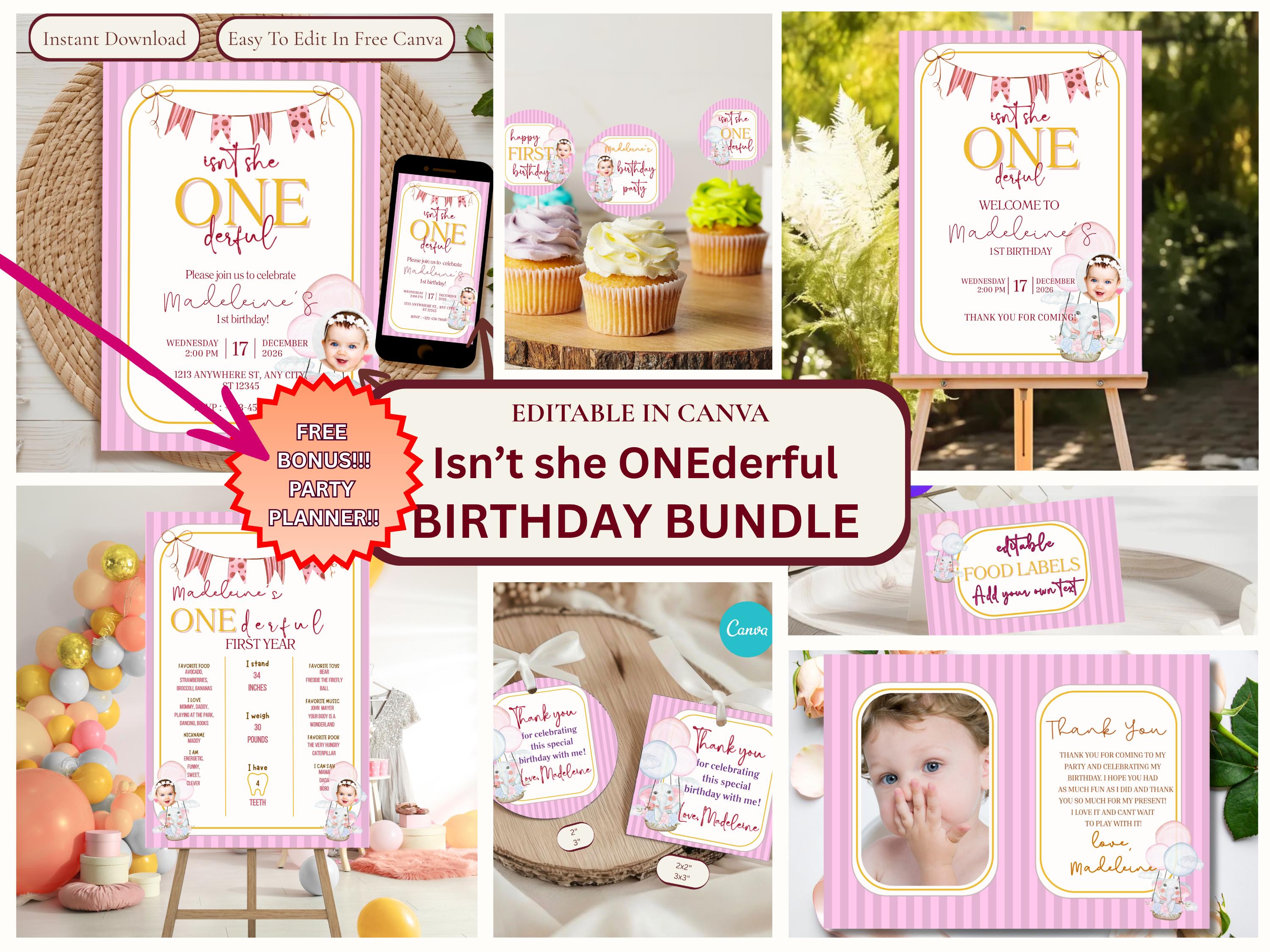 ONEderful First Birthday Party Bundle — editable Canva template