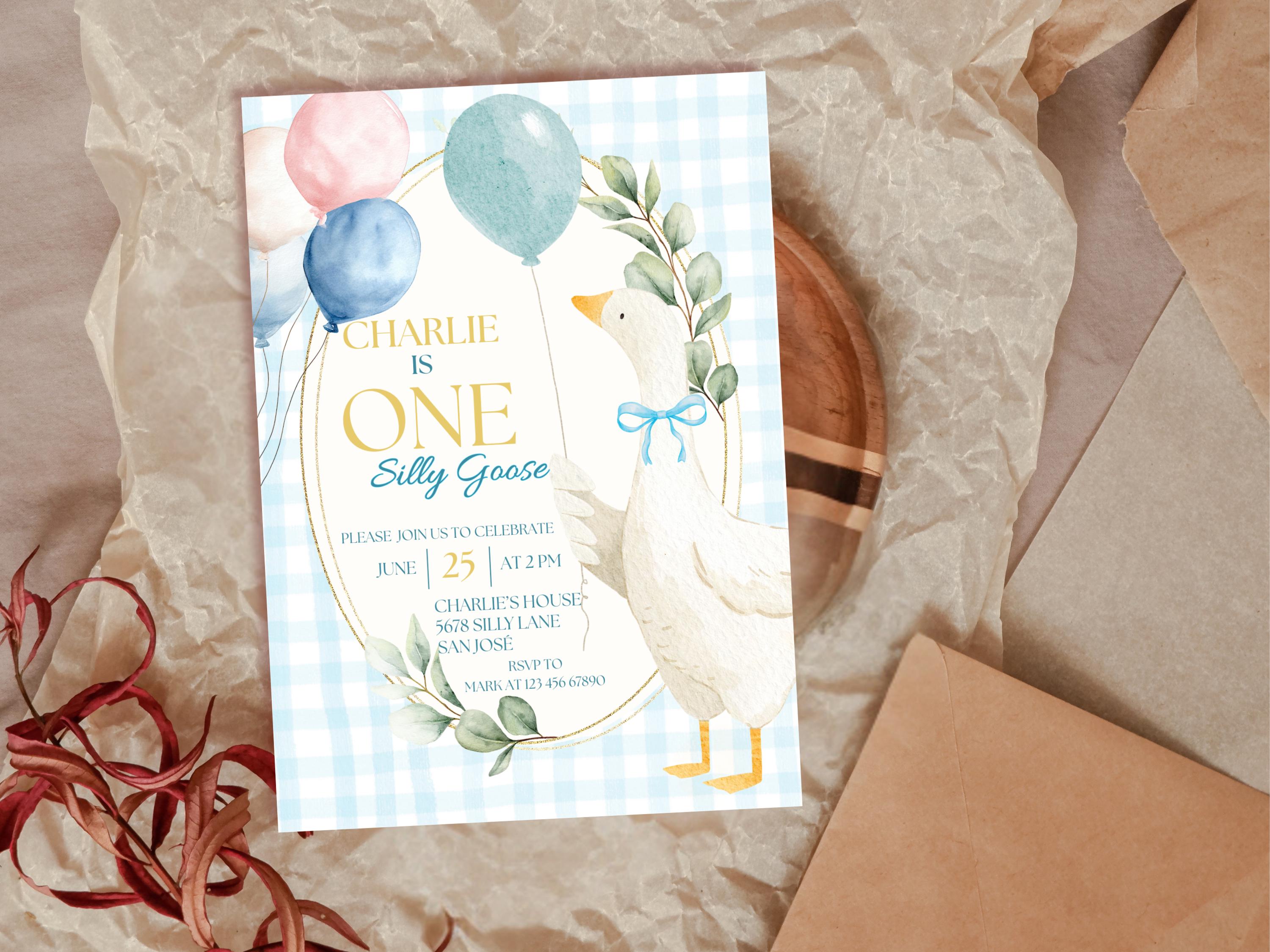 Silly Goose Birthday Invitation — Blue thumbnail 5