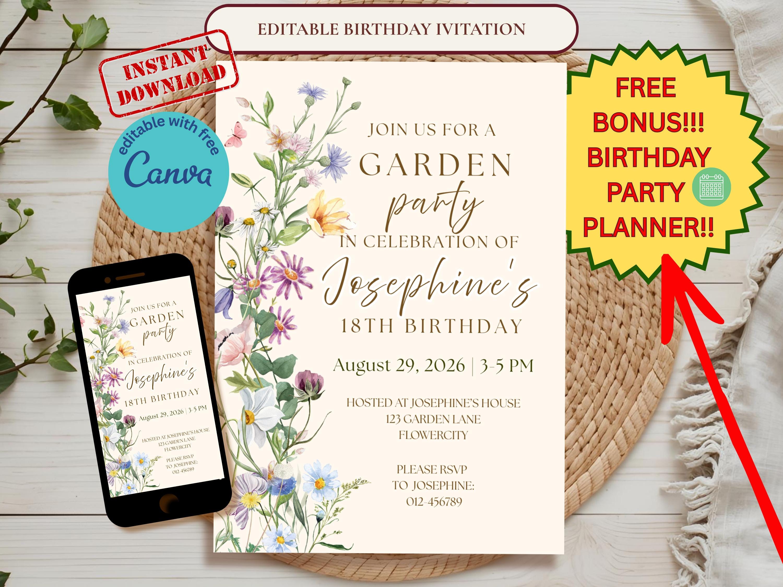 Wildflower Garden 18th Birthday Invitation — editable Canva template