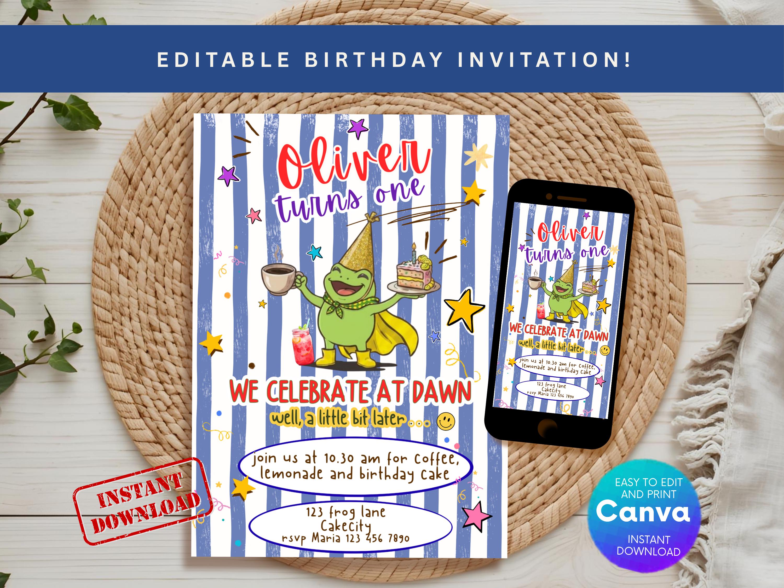Happy Frog Birthday Invitation — Blue — editable Canva template