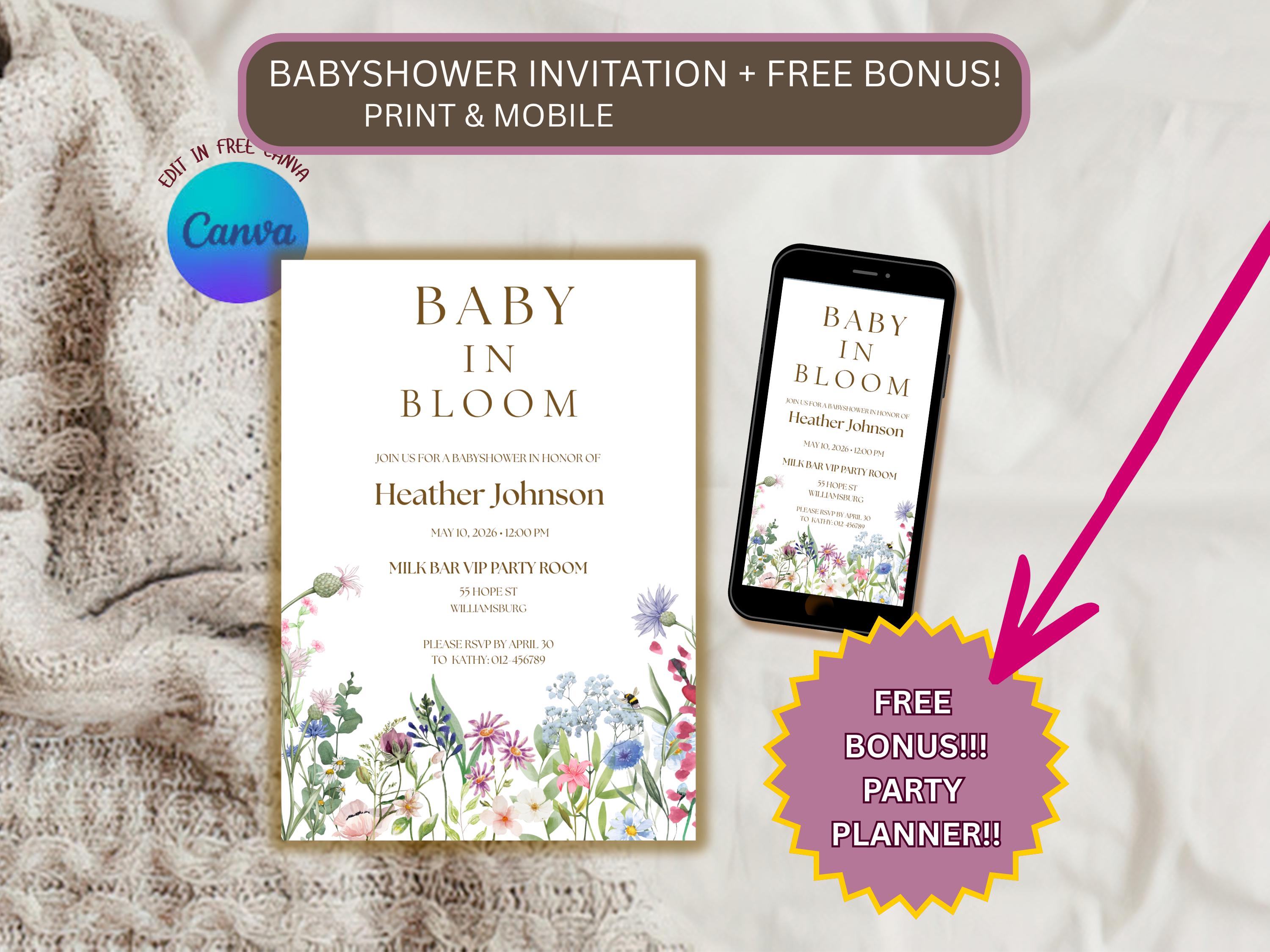 Baby in Bloom Floral Shower Invitation — editable Canva template