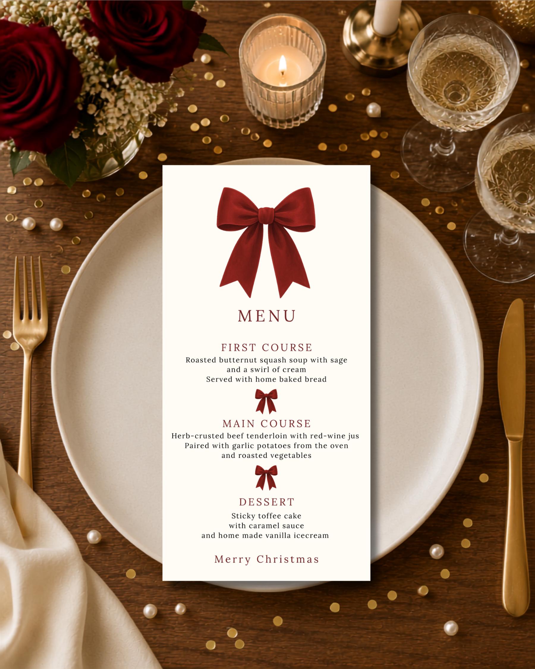 Red Velvet Bow Christmas Dinner Menu thumbnail 2
