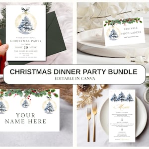 Editable Christmas Bundle Party Invitation, Green Bow Template Holiday Card, Invite, Canva, Menu, Food Name Tag Personalize End Of Year CM20