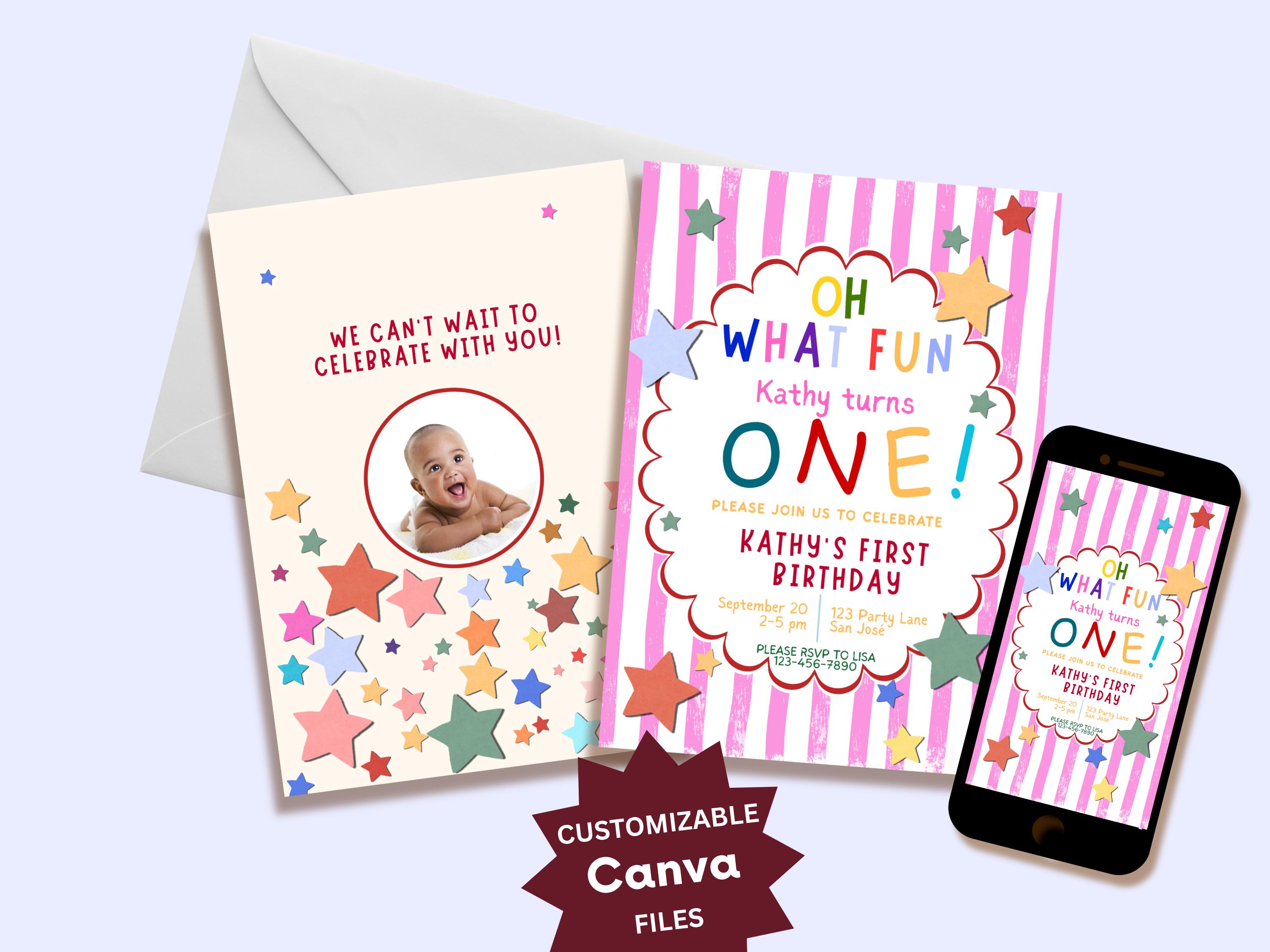 Colorful Pink First Birthday Invitation thumbnail 3