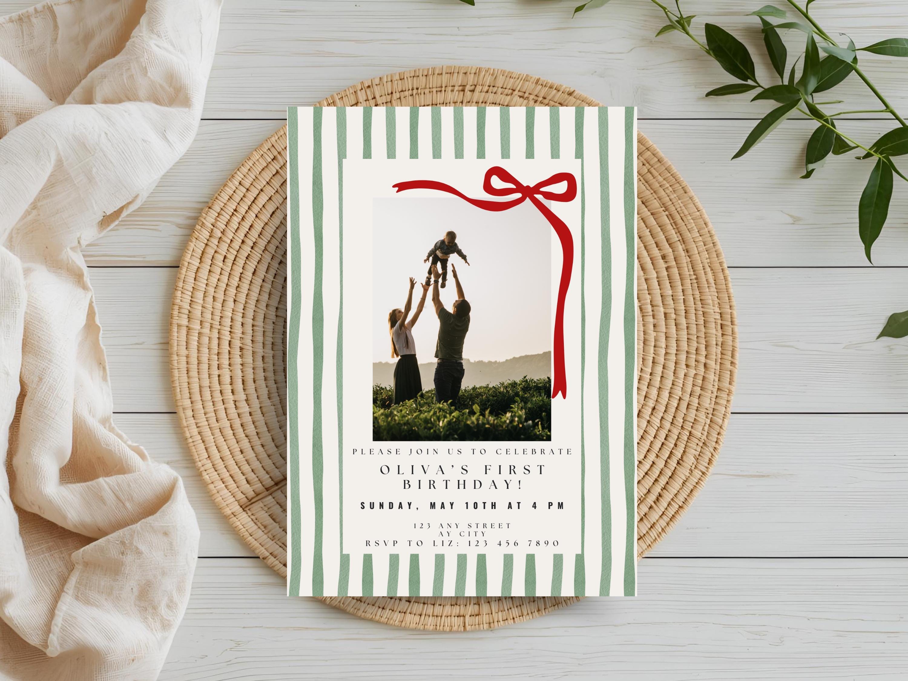 Green Stripe First Birthday Invitation thumbnail 2