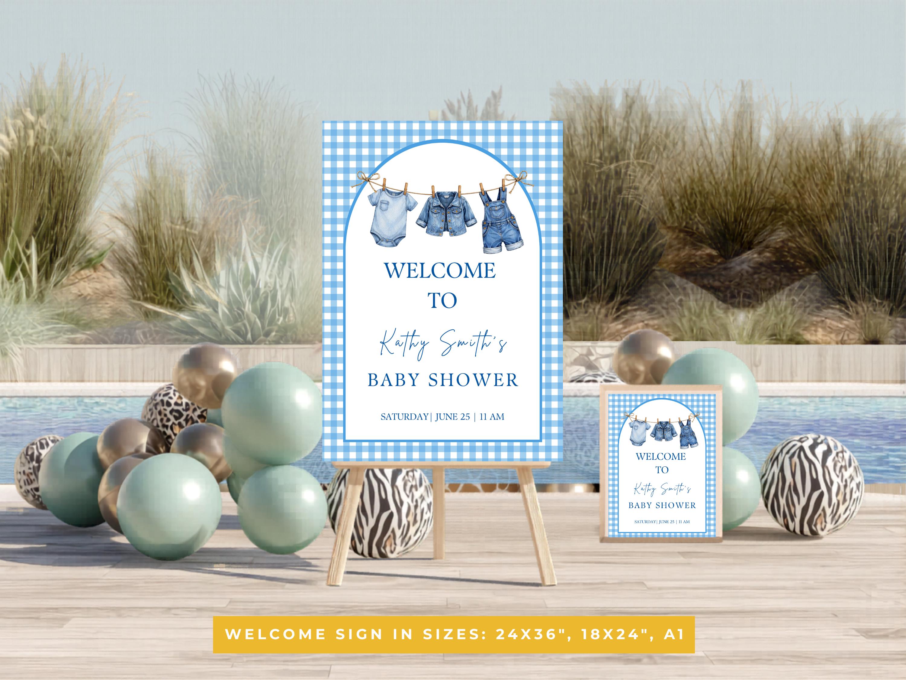 Blue Gingham Baby Shower Welcome Sign thumbnail 4