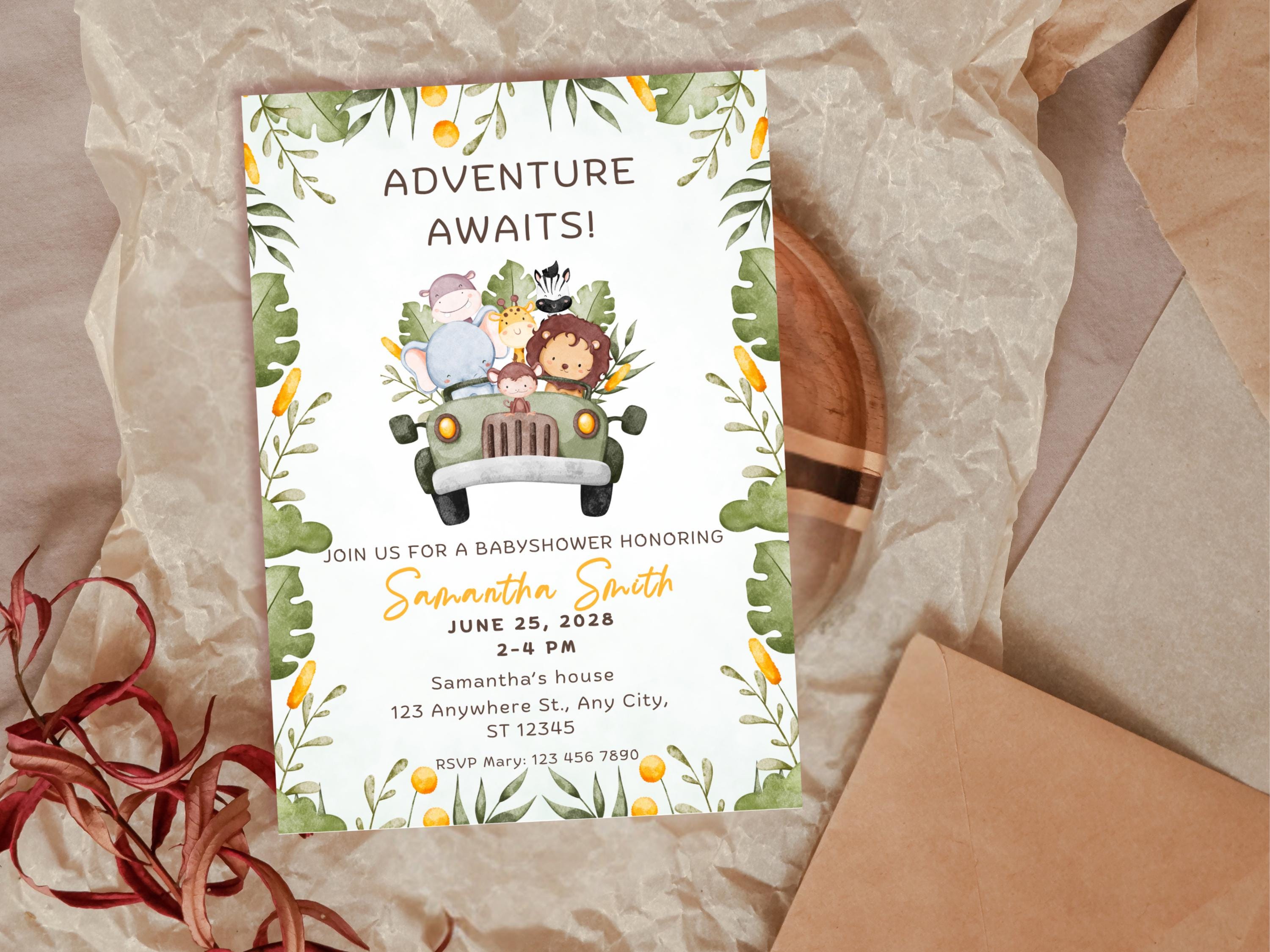 Adventure Awaits Safari Baby Shower Invitation thumbnail 5
