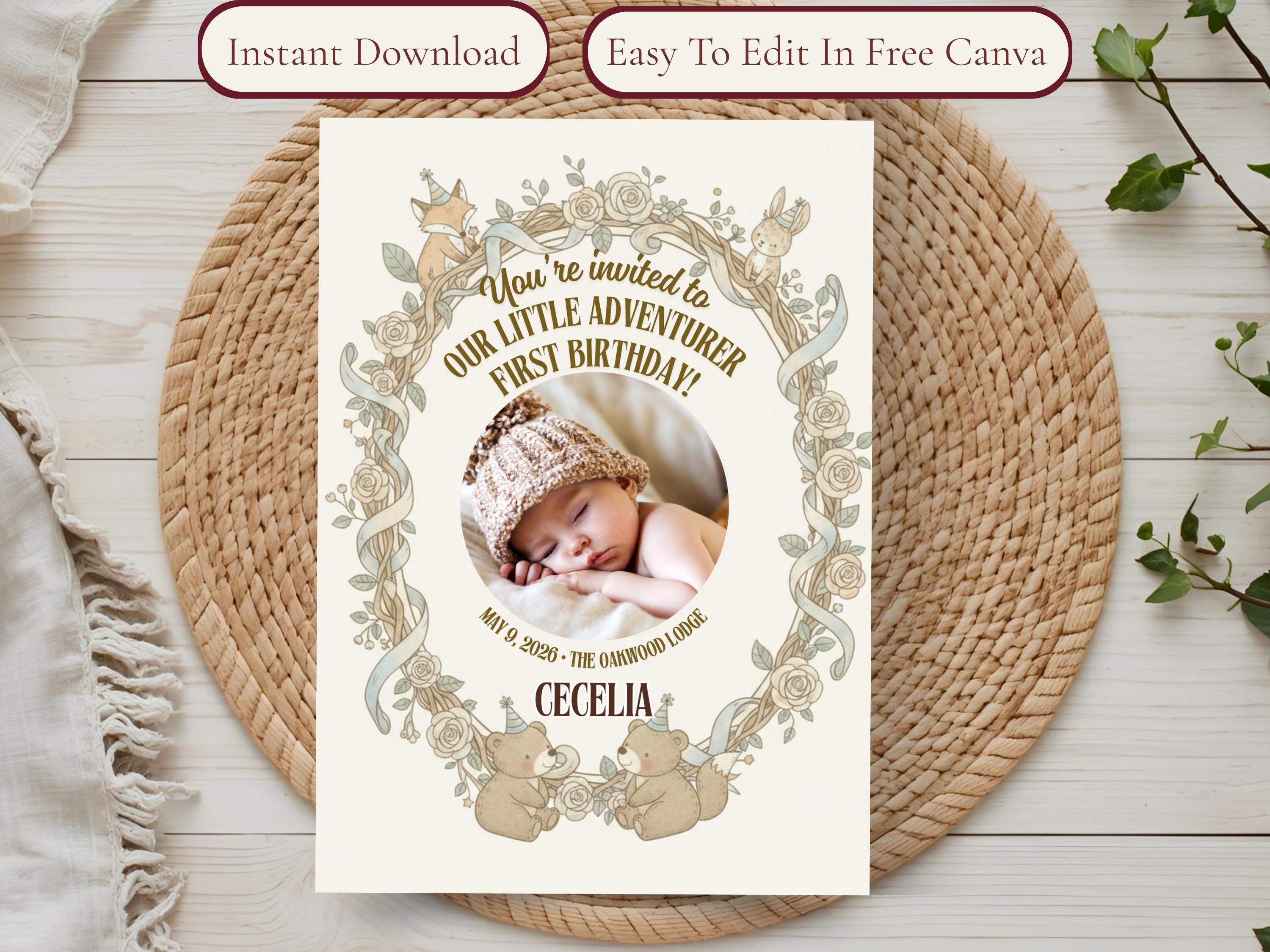 Woodland First Birthday Invitation — editable Canva template