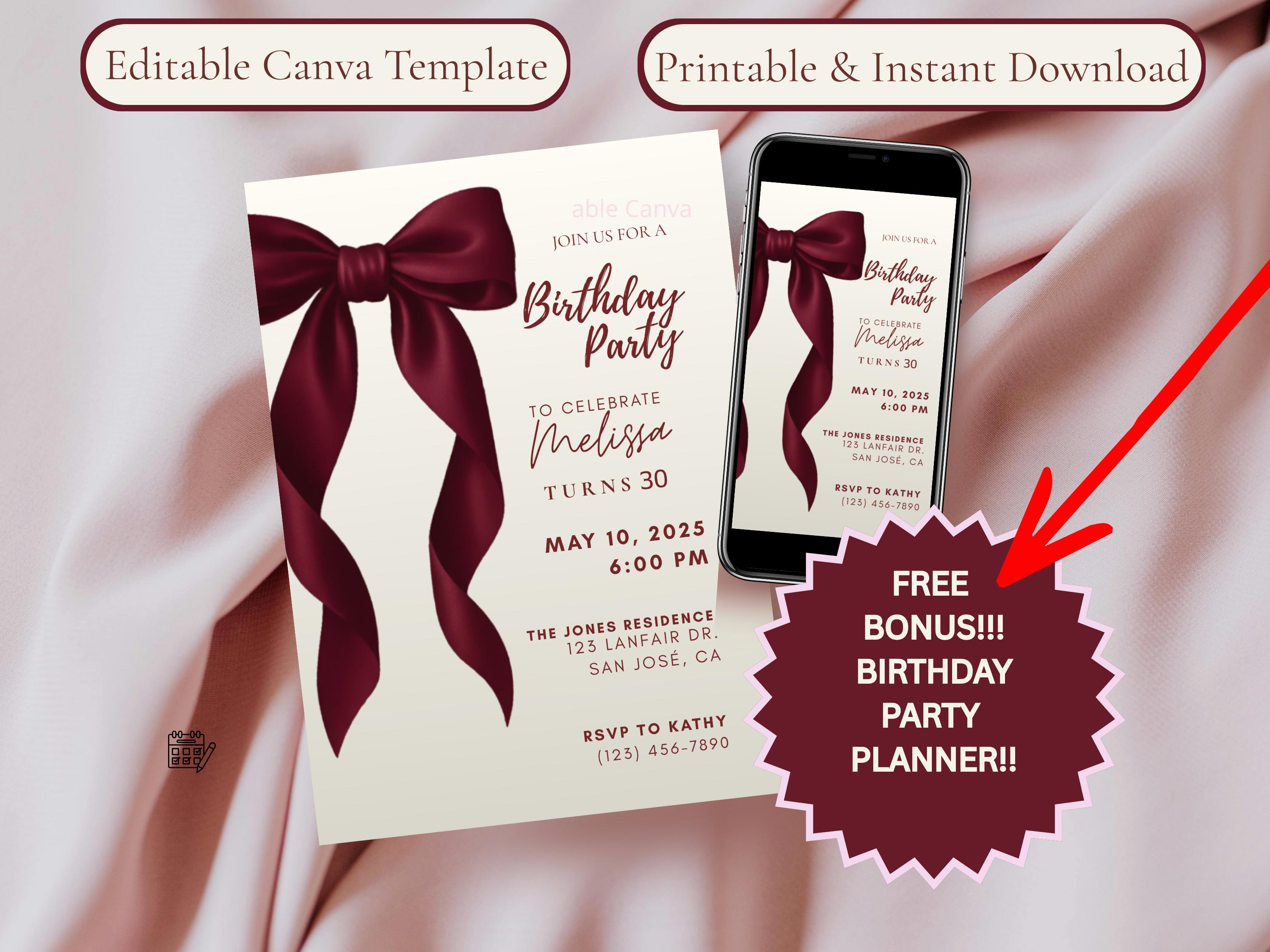 Coquette Red Bow Birthday Invitation — Pink — editable Canva template