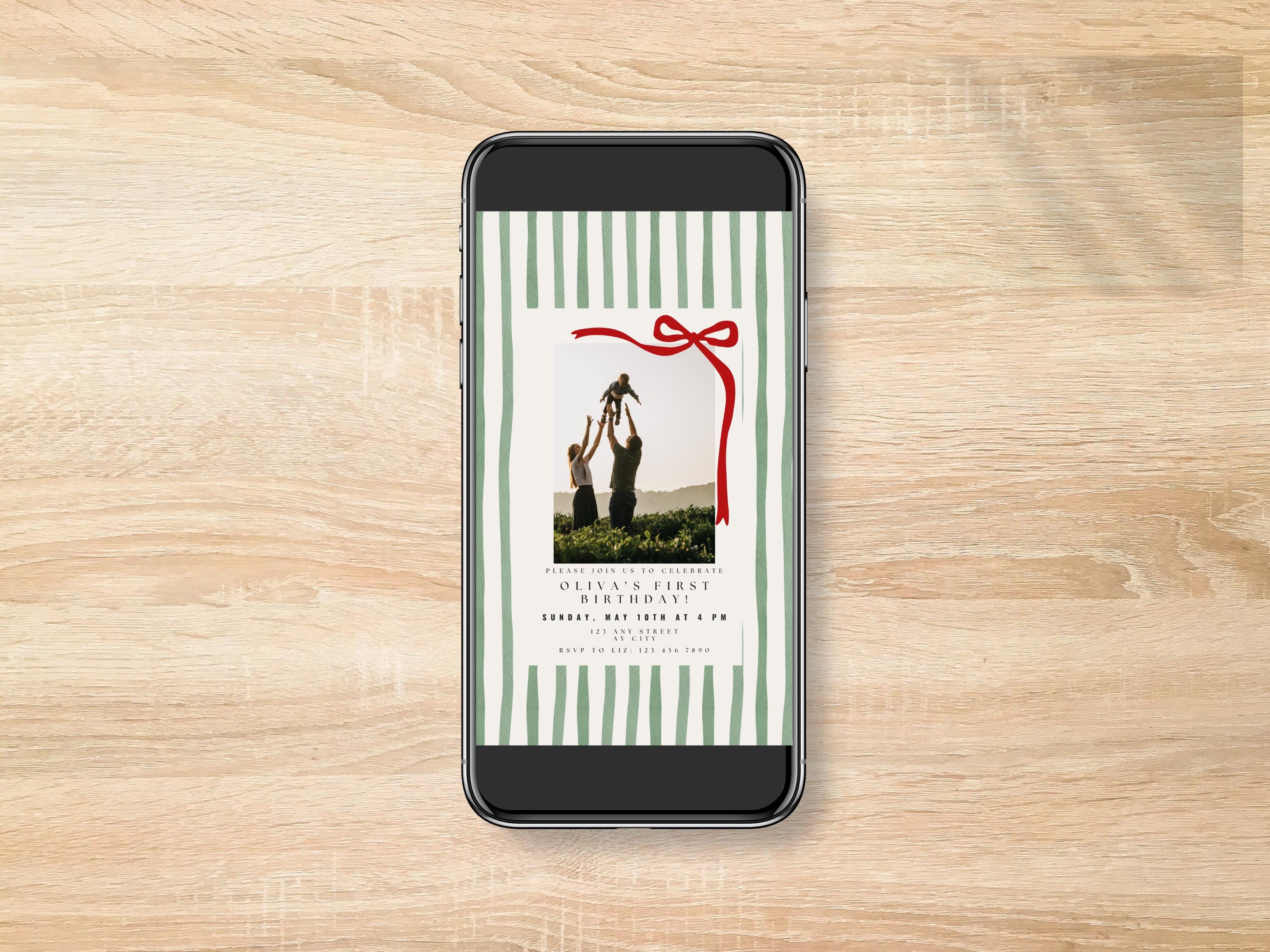 Green Stripe First Birthday Invitation thumbnail 3