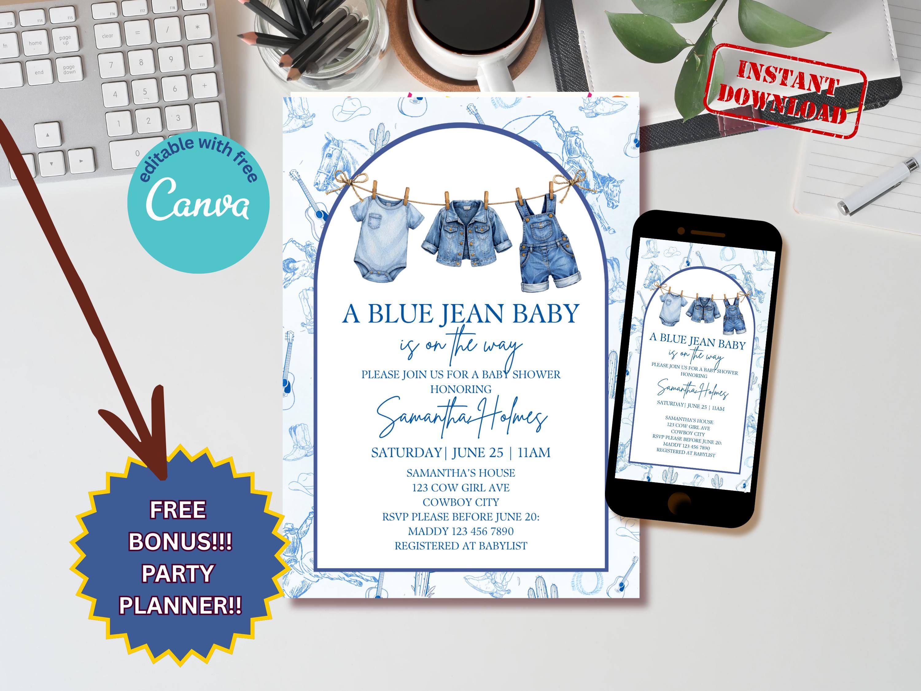 Blue Jean Baby Shower Invitation — editable Canva template