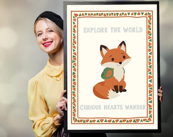 Woodland Nursery Print, Fox Wall Art Printable, Fox Art for Kids Room, Explore the World Quote, Woodland Animal WallArt, Digital Download