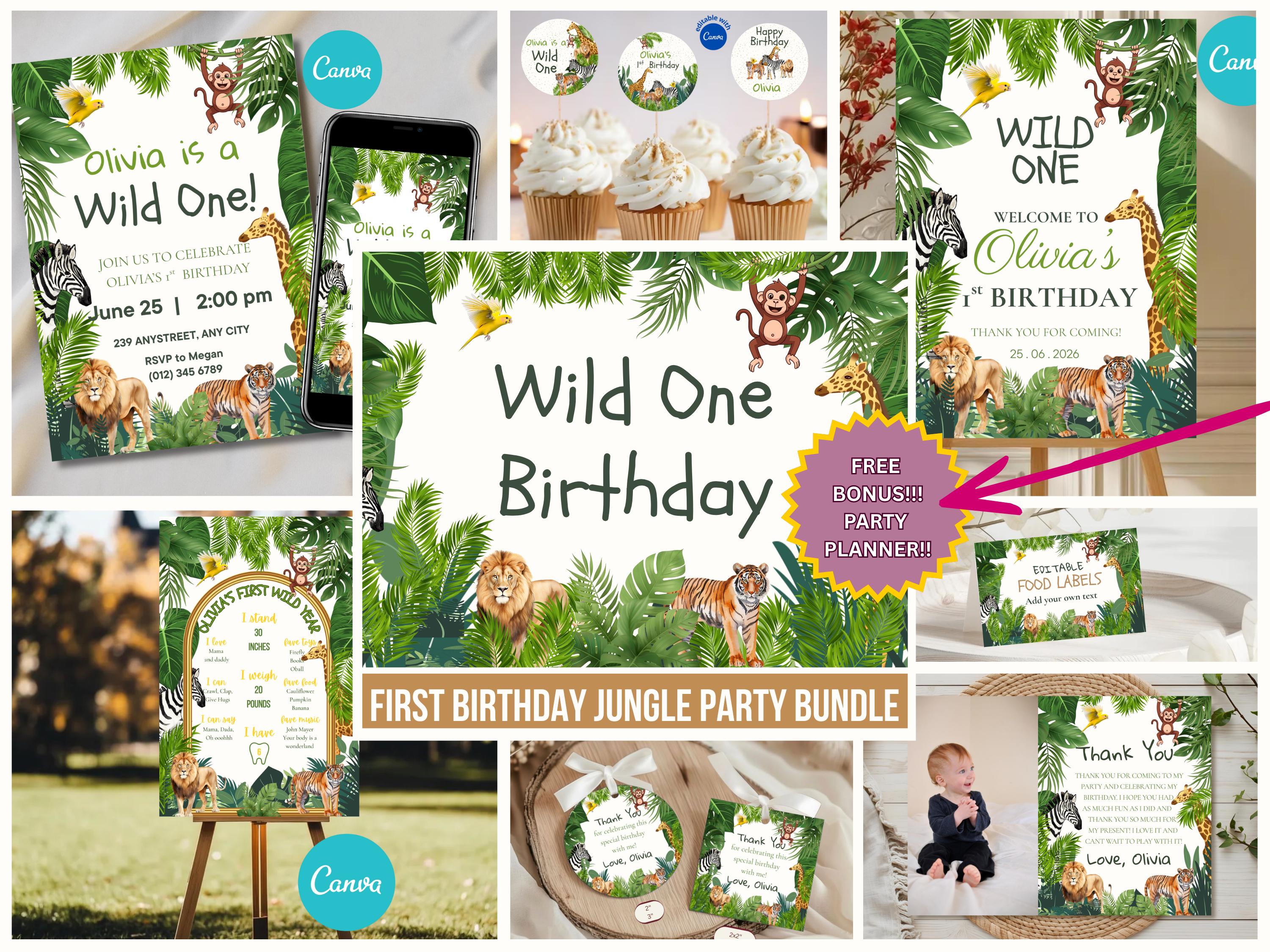 Wild One Birthday Party Bundle — editable Canva template
