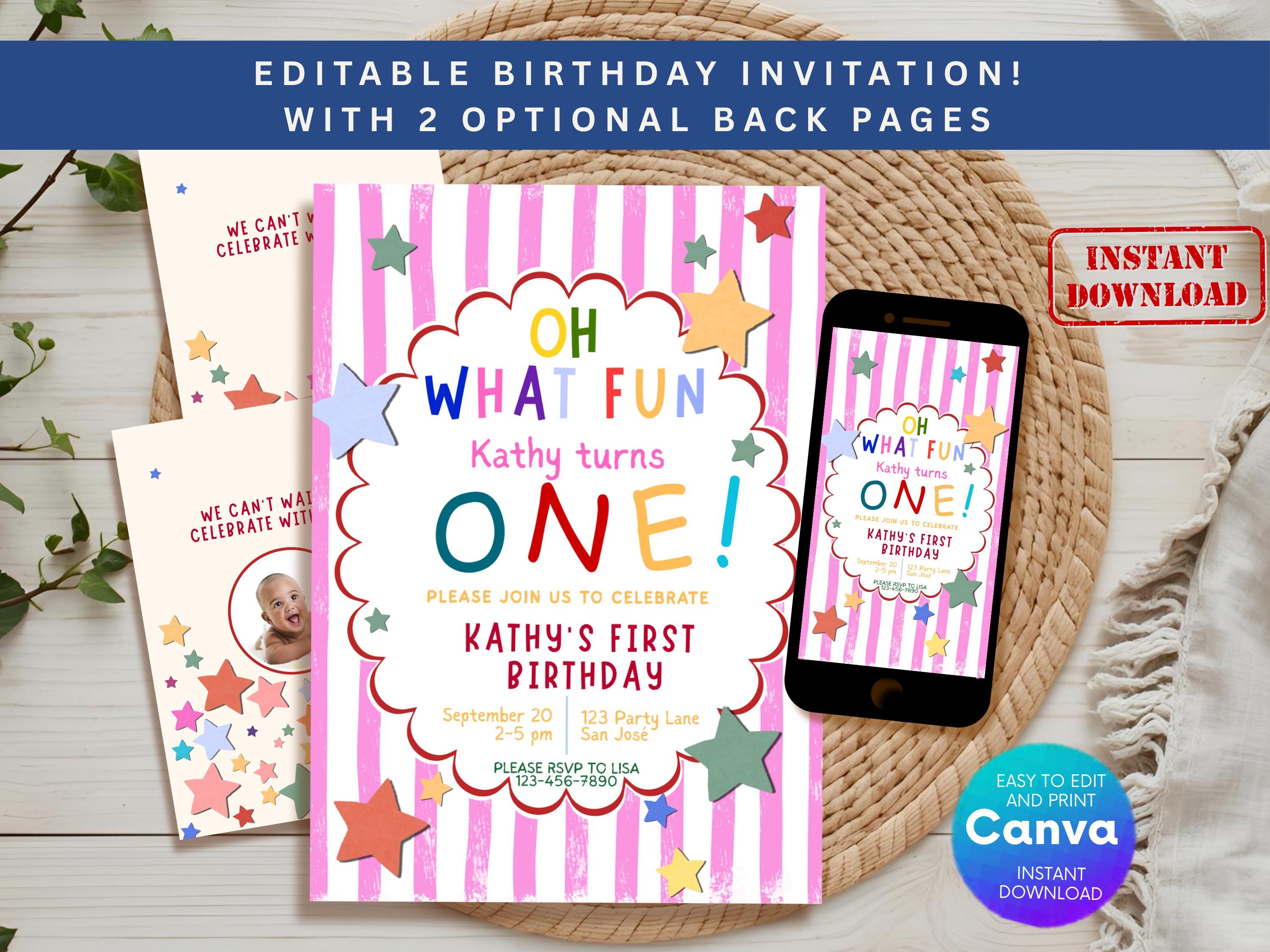 Colorful Pink First Birthday Invitation thumbnail 2