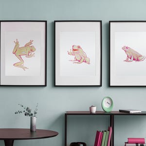 Set mit 3 bunten Frosch-Postern – rosa, grüne und blaue Bleistiftzeichnungen – verspielte Wandkunst für Frosch-Fans
