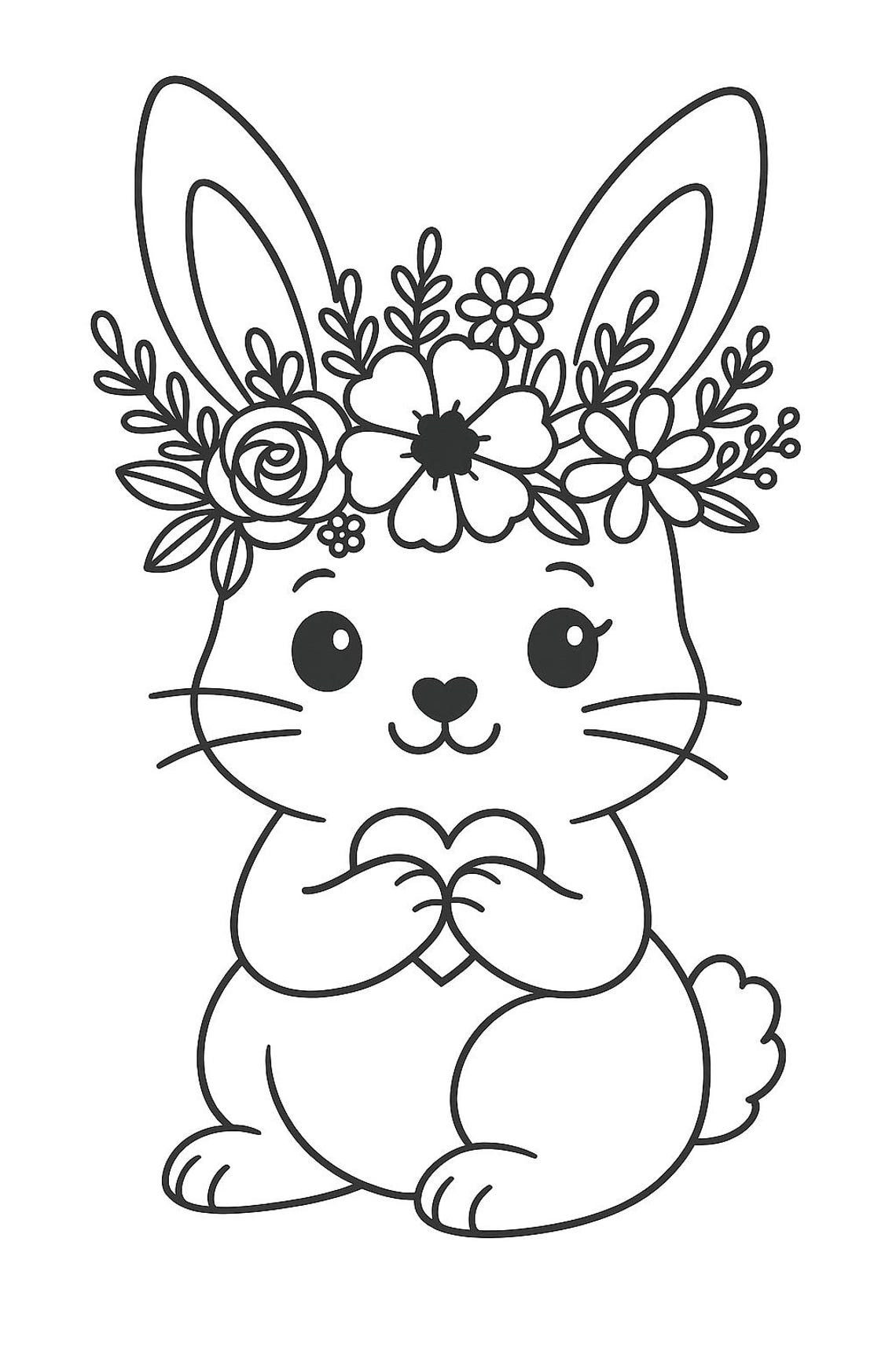 Cute Floral Crown Bunny Coloring Page – Kawaii Rabbit Line Art ...