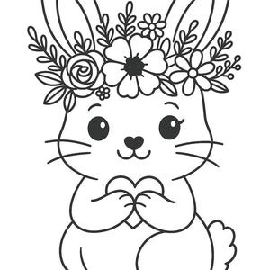 Könnte beinhalten: Schwarz-Weiß-Illustration eines Hasen mit Blumenkranz und Herz. Der Hase hat große Augen, Schnurrhaare und einen flauschigen Schwanz. Der Blumenkranz enthält Rosen und andere Blumen.