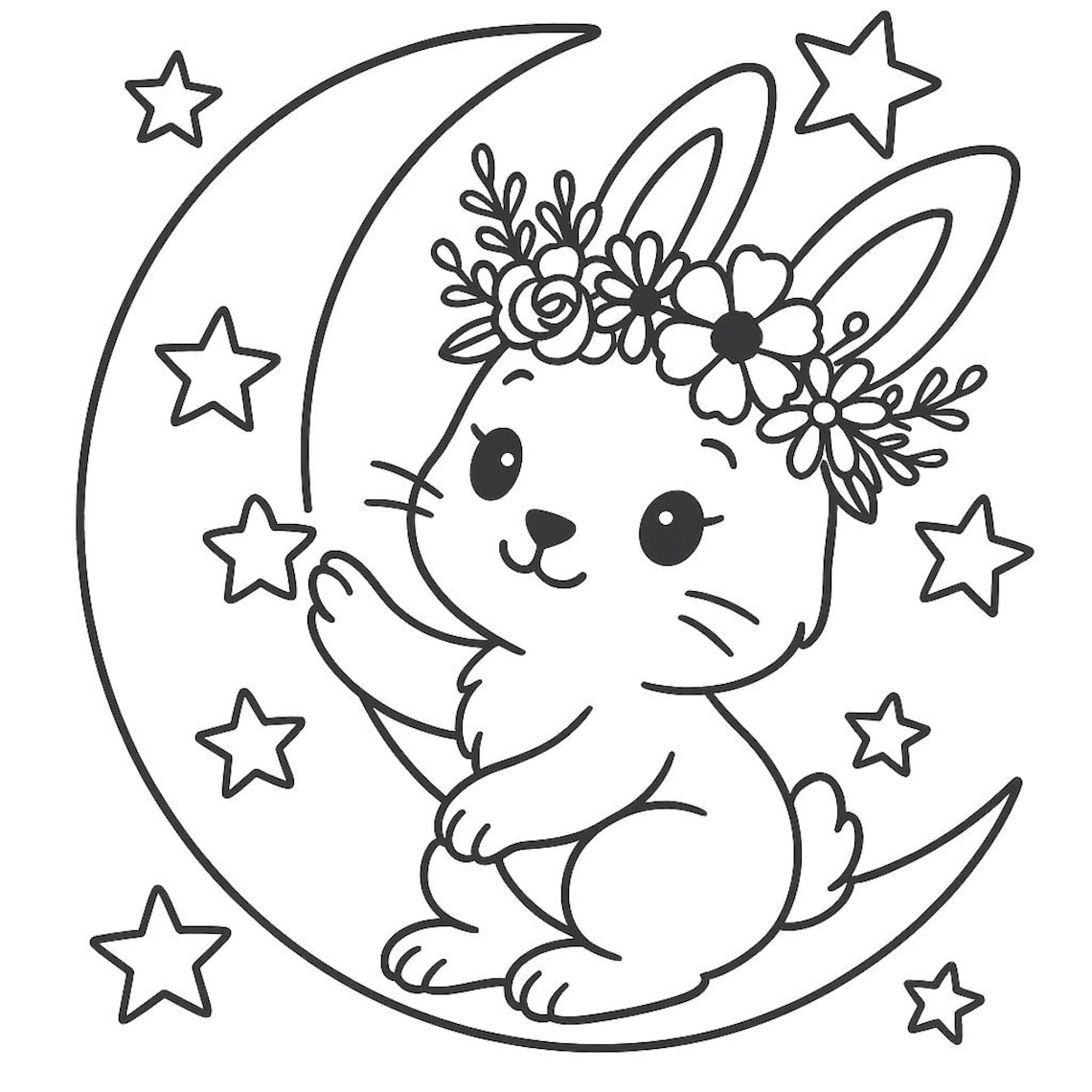 Cute Floral Crown Bunny Coloring Page – Kawaii Rabbit Line Art ...