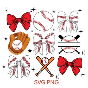May include: A set of ten SVG and PNG digital files featuring baseball-themed designs. The designs include a baseball, a baseball glove, a baseball bat and ball, and four different bow designs with red and white stitching.