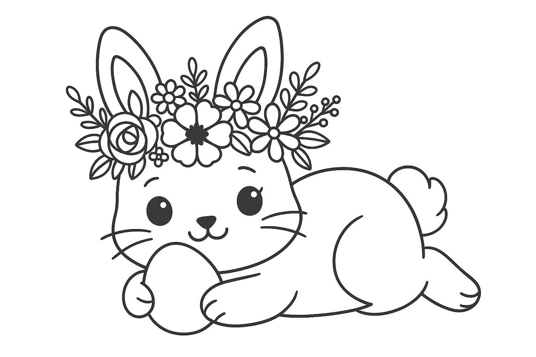 Cute Floral Crown Bunny Coloring Page – Kawaii Rabbit Line Art ...