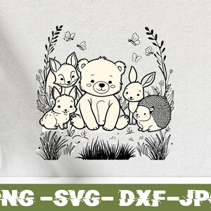 May include: Black and white line art illustration of a bear, rabbit, fox, and hedgehog surrounded by leaves and butterflies. The animals are all looking at the viewer.