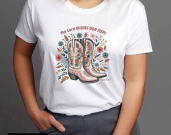 Guides Our Steps PNG, Western Cowgirl PNG, Cowgirl Boots Png, Floral Girl Png, Wildflower Shirt Design Png, Walks By Faith Shirt Png Design.