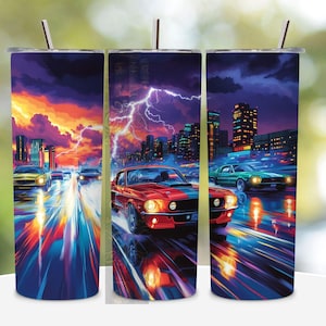May include: Three stainless steel tumblers with a colorful cityscape and lightning bolt design. Each tumbler features a classic muscle car driving through the city. The cars are red, green, and blue.