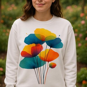 May include: White sweatshirt featuring a colorful floral design. The graphic includes stylized flowers in shades of yellow, orange, and blue. The sweatshirt has a crew neck and long sleeves, suitable for casual wear.