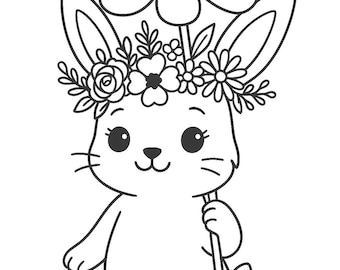 Niedliche Blumenkrone Kaninchen Malseite – Kawaii Kaninchen Linie Art zum Ausdrucken für Kinder – Sofortiger digitaler Download PNG SVG