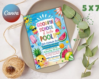 Goodbye School Helo Pool Invitation Template, Printable End Of School Pool Party Invite, Editable Summer Break Invite, Instant Download.
