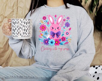 Boho Easter Bunny Png, Bunny Coquette Png, Happy Easter Png, Chillin’ with my peeps png, Coquette Easter Png, Retro Floral Easter Png