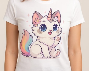 AKawaii Caticorn Clipart PNG – Cute Rainbow Cat Unicorn, Pastel Kawaii Kitty Digital Download, Nursery Wall Art Printable.