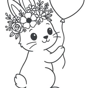 Könnte beinhalten: Schwarz-Weiß-Illustration eines Hasen, der einen herzförmigen Ballon hält. Der Hase trägt einen Blumenkranz. Das Bild ist eine Strichzeichnung, perfekt für Aufkleber, Karten oder andere Bastelarbeiten.
