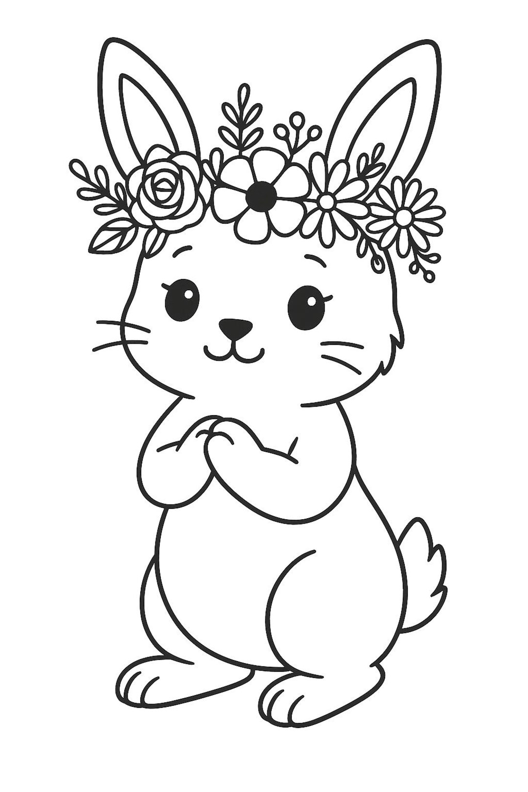 Cute Floral Crown Bunny Coloring Page – Kawaii Rabbit Line Art ...