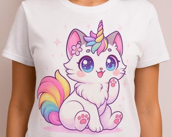 AKawaii Caticorn Clipart PNG – Cute Rainbow Cat Unicorn, Pastel Kawaii Kitty Digital Download, Nursery Wall Art Printable.