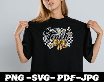 May include: Black t-shirt with a white and black checkered design, a yellow bow, and white daisies. The text "Teach" is written in a black script font.