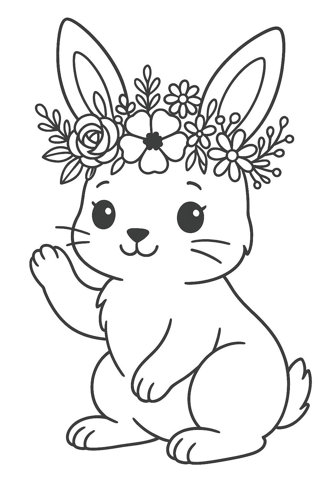 Cute Floral Crown Bunny Coloring Page – Kawaii Rabbit Line Art ...