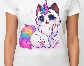 AKawaii Caticorn Clipart PNG – Cute Rainbow Cat Unicorn, Pastel Kawaii Kitty Digital Download, Nursery Wall Art Printable.