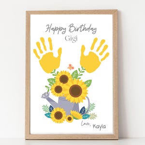Arte de girasol con huella de mano de feliz cumpleaños, regalo de cumpleaños para Gigi de niños pequeños y bebés, tarjeta de cumpleaños con huella de mano para abuela