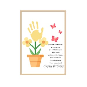 Gelukkige verjaardag handafdruk bloemenkunst, gedicht, gepersonaliseerd verjaardagscadeau van kinderen peuter baby baby, handafdruk verjaardagskaart voor grootouder