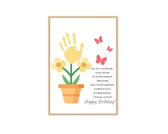 Regalo de cumpleaños con flores y huellas de manos, poema para crear un recuerdo artístico (descarga digital)