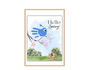 Arte con huellas de manos de "Hola Primavera", manualidad de recuerdo (descarga digital)