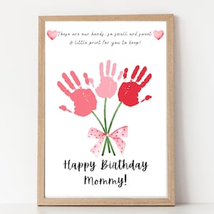 Happy Birthday Handprint Flower Art, Poem, Personalized Birthday Gift from Kids Toddler Baby Infant, Handprint Birthday Card for Mom