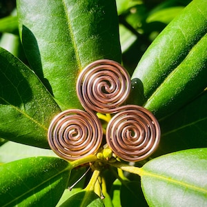 May include: Three copper wire spiral ornaments, each with a central coil and concentric circles, sit on bright green leaves. The spirals are a warm copper colour, contrasting with the natural background.