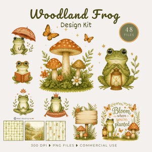 Puede incluir: Un kit de diseño Woodland Frog con 48 archivos que incluye ilustraciones de ranas verdes, setas naranjas, mariposas, linternas, libros y un letrero de madera. El texto dice Woodland Frog Design Kit, 48 FILES y Bloom where you're planted.